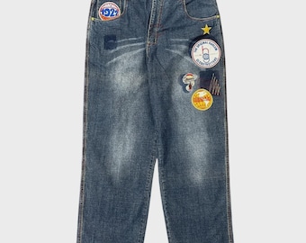 Vaqueros vintage Y2K Fubu Platinum Harlem Globetrotters bordados en azul, talla 40