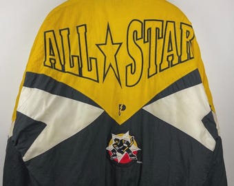 Chaqueta vintage negra y amarilla de los Boston Bruins All Star Game de los años 90 (talla XL)