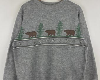 Vintage 80s Alaska Denali National Park Grizzly Bear Wilderness Grey Crewneck M