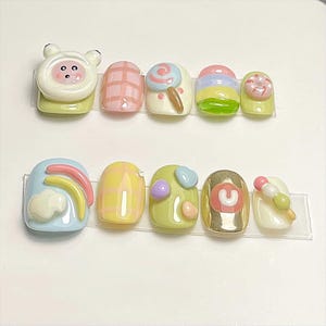 Kawaii Y2K Press on Nails, Handmade 3D Froggy Bear Charm, Cute Pastel Candy Fake Nails Set, Funky Mismatched Press on Nails, unique gifts