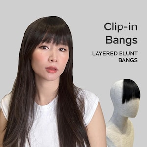 手作りのクリップ式前髪エクステンション、レイヤード ブラント バングス、人毛、手で結んだ人毛（前髪のみ、髪全体ではありません）