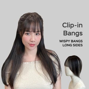 手作りのクリップ式前髪エクステンション、サイドに長いふわふわ前髪、本物の人間の髪の毛、手で結んだ人間の髪の毛（前髪のみ、頭全体の髪の毛ではありません）