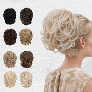 May include: A collection of hair pieces in various shades of brown and blonde, including black, dark brown, medium brown, and light blonde. The hair pieces are styled in a curly, voluminous design. A woman with blonde hair is also shown wearing a similar hair piece.