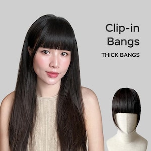 Extensiones de flequillo con clip hechas a mano, cabello humano, flequillo grueso con lados largos, cabello humano atado a mano (solo flequillo, no todo el cabello)