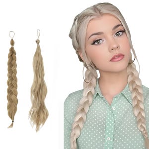 May include: Two braided hair extensions in shades of blonde and light brown are displayed. A woman with blonde hair styled in two braids is also shown, wearing a light green polka dot shirt. The extensions are designed to add length and volume to natural hair.