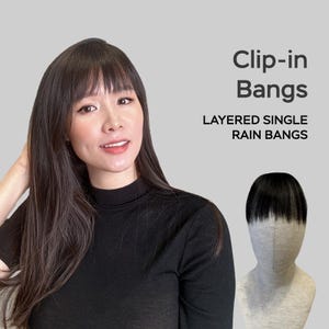 手作りのクリップ式前髪エクステンション、レイヤードシングルレインバング、本物の人毛、手で結んだ人毛（前髪のみ、髪全体ではありません）