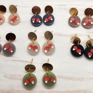 Handmade Resin Mushroom and Gold Stud Dangle Earrings - Multiple Colors Available
