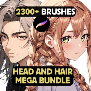 Puede incluir: Ilustración digital de dos personajes de estilo anime. La imagen incluye el texto "2300+ BRUSHES" y "HEAD AND HAIR MEGA BUNDLE". También es visible un logotipo de Procreate, junto con insignias de calidad.