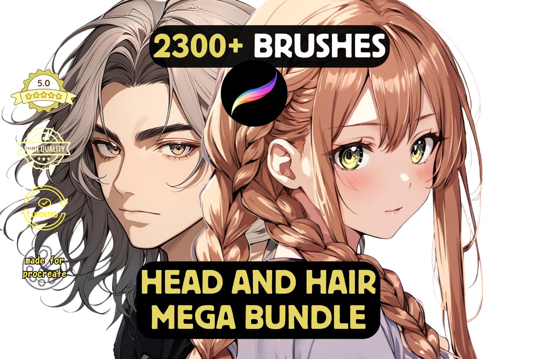 Procreate Hair Brushes Mega Bundle: Anime, Realistic & Lineart Set with 2300+ Brushes & Stamps