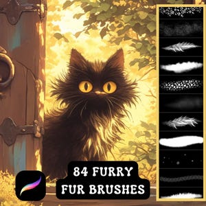 May include: A black cat with large yellow eyes peeks through a wooden door. The cat has a fluffy, textured coat. The image includes the text "84 FURRY FUR BRUSHES" and a graphic of a paintbrush.