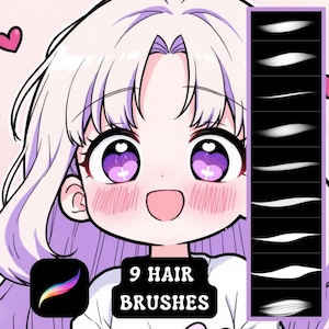May include: A digital illustration of a cute anime girl with purple eyes and long white hair. The image includes the text "9 Hair Brushes" and a set of 9 white hair brushes on a black background.