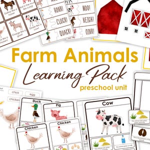 Pacote de aprendizagem de animais de fazenda | Cartões de três partes | Cartões de memória para crianças | Livro de atividades pré-escolar | Recursos educacionais | Livro de atividades da fazenda