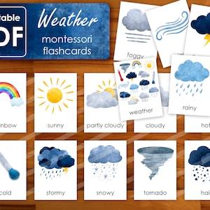Flashcards météo | Cartes de nomenclature Montessori | Cartes en trois parties | Apprentissage à la maison | Ressources pédagogiques