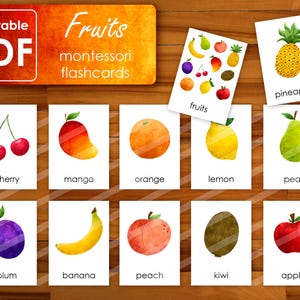 Flashcards sur les fruits | Cartes de nomenclature Montessori | Cartes en trois parties | Apprentissage des fruits | Ressources éducatives | Imprimables pour l'école à la maison