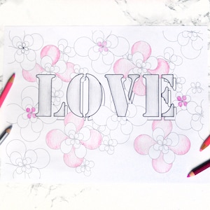 LOVE Coloring Page Instant Digital Download Art Print afbeelding 1