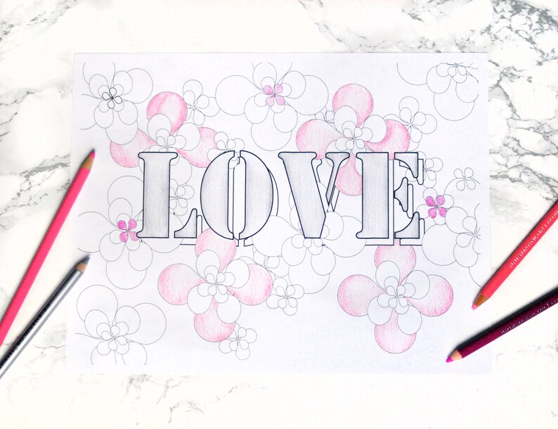 LOVE Coloring Page Instant Digital Download Art Print afbeelding 1