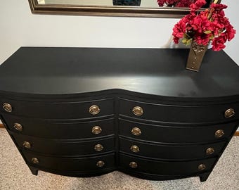 SOLD - Do not buy - Vintage 1949 Matte Black Dresser with Bronze Hardware – Restored Elegance for Any Space