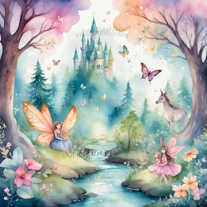 Feengarten Aquarell Clipart Verzauberten Wald Märchen Printable Kinderzimmerdeko Märchenhafte Clipart Kinderdekor Magische Fee Magisches Reich