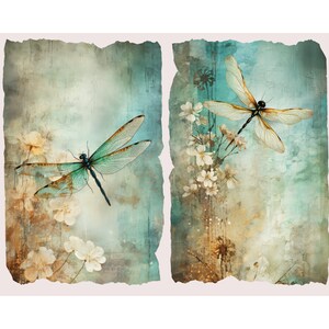 May include: Two dragonflies with delicate wings are perched on a vintage, textured background with faded white flowers. The dragonfly on the left has green wings and a black body, while the dragonfly on the right has brown wings and a black body.