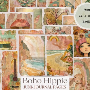 Könnte beinhalten: Zehn 11 x 8,5 Zoll große Seiten mit digitalem Collagepapier im Boho-Hippie-Stil. Die Seiten enthalten Bilder von einem Regenbogen, einem Strand, einem Van, einer Gitarre, einem Pilz, einer Sukkulente, einem Schmetterling, einem Mädchen mit Blumen im Haar und einem Kaninchen.
