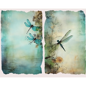 May include: A vintage-inspired art print featuring three blue dragonflies on a background of faded blue and green with a floral design. The print is split into two sections, with the dragonflies on the left and a single dragonfly on the right.
