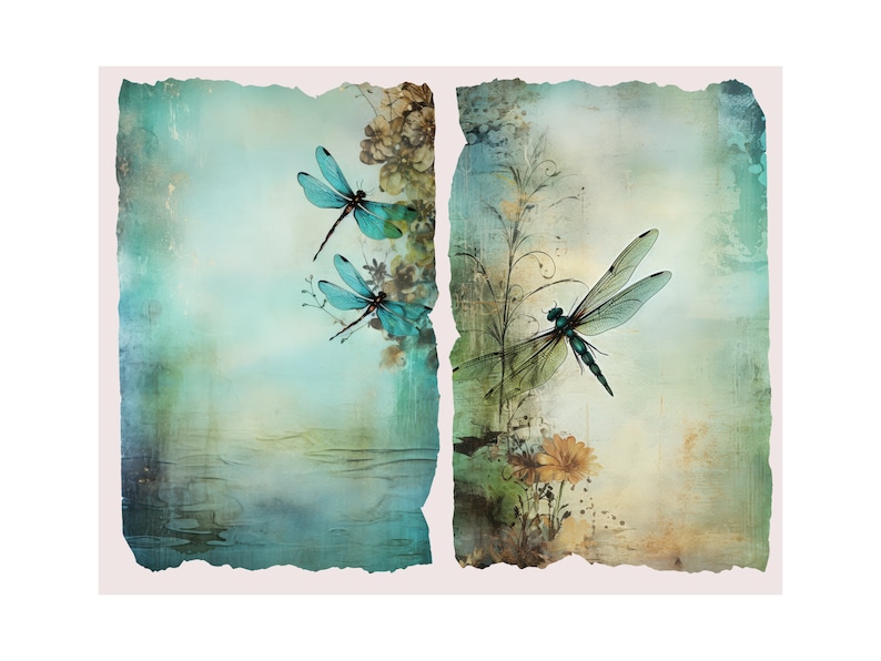May include: A vintage-inspired art print featuring three blue dragonflies on a background of faded blue and green with a floral design. The print is split into two sections, with the dragonflies on the left and a single dragonfly on the right.