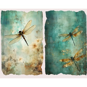 May include: Two vintage-style images of dragonflies on a textured background. The left image features a dragonfly with brown wings and a yellow body on a light blue and brown background with white flowers. The right image features two dragonflies with blue and yellow wings on a teal and gold background.