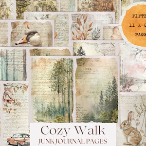 Peut inclure: Quinze pages de 11 x 8,5 pouces pour le journalisation de rebuts. Les pages présentent une variété d'images, notamment une forêt, un lac, un lapin, une oie et une voiture. Les pages sont vieillies et ont un aspect vintage.