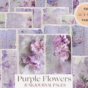 May include: Ten 11 x 8.5 inch purple flower patterned pages for junk journaling. The pages have a textured, distressed look and feature a variety of purple flowers.
