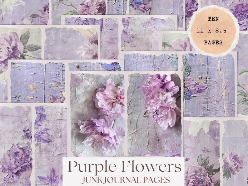 May include: Ten 11 x 8.5 inch purple flower patterned pages for junk journaling. The pages have a textured, distressed look and feature a variety of purple flowers.