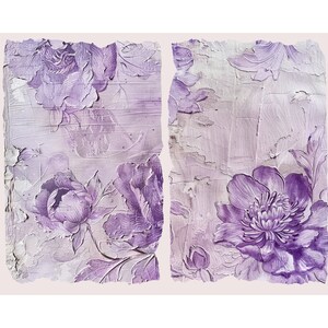 May include: A close-up of a vintage floral wallpaper with a distressed, textured surface. The wallpaper features a repeating pattern of purple flowers and leaves.