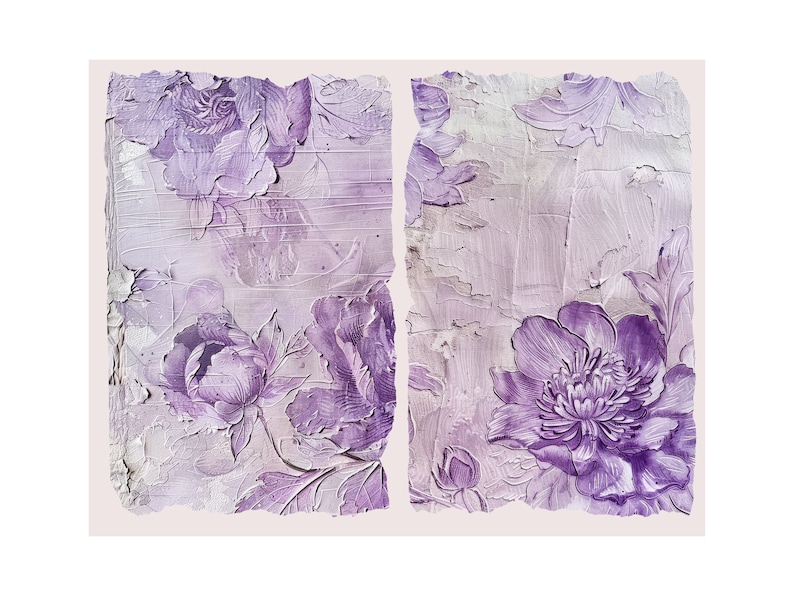 May include: A close-up of a vintage floral wallpaper with a distressed, textured surface. The wallpaper features a repeating pattern of purple flowers and leaves.