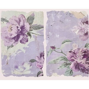 May include: A vintage floral wallpaper with a distressed, faded look. The wallpaper features a repeating pattern of purple flowers with green leaves on a light purple background.