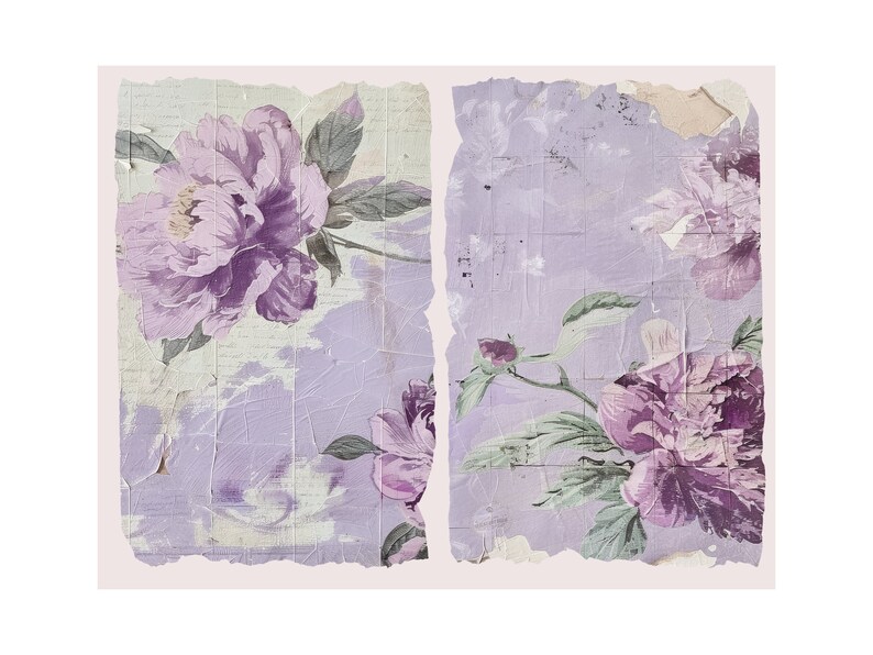 May include: A vintage floral wallpaper with a distressed, faded look. The wallpaper features a repeating pattern of purple flowers with green leaves on a light purple background.