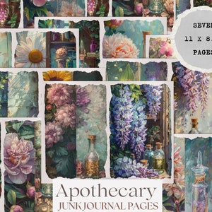 May include: Seven 11 x 8.5 inch digital junk journal pages with a vintage apothecary theme. The pages feature images of flowers, bottles, and other botanical elements in a distressed, aged style.