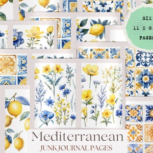 May include: Six 11 x 8.5 inch printable junk journal pages featuring watercolor illustrations of lemons, flowers, and blue and yellow tile patterns.  Mediterranean Junk Journal Pages.