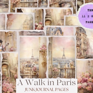 May include: A set of ten 11 x 8.5 inch scrapbook pages featuring a Parisian theme. The pages are decorated with watercolor illustrations of Parisian streets, bridges, flowers, and the Eiffel Tower. The pages are designed to be torn or cut out for use in junk journals or other craft projects.
