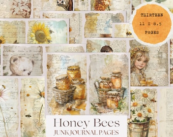 Peut inclure: Treize pages de papier numérique au format 11 x 8,5 pouces, avec un style vintage et des images de pots de miel, d'abeilles, de tournesols et d'un ours en peluche. Les pages sont conçues pour être utilisées dans des carnets de scrapbooking.
