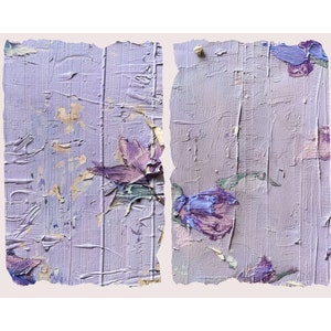 May include: A close-up of a painting with a purple background and purple flowers. The paint is textured and the edges of the painting are torn.