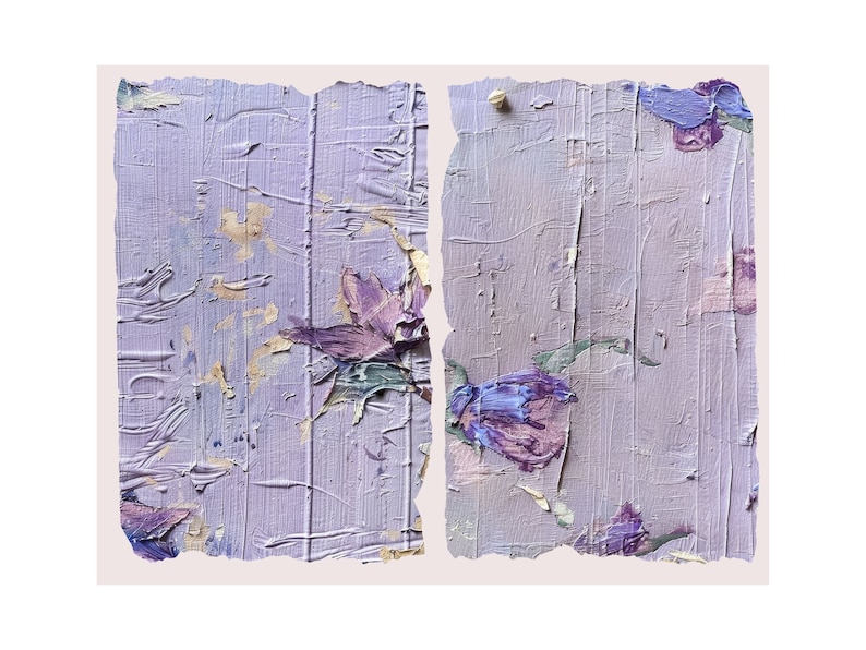 May include: A close-up of a painting with a purple background and purple flowers. The paint is textured and the edges of the painting are torn.