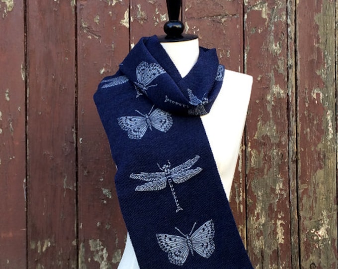 Navy dragonfly merino wool scarf