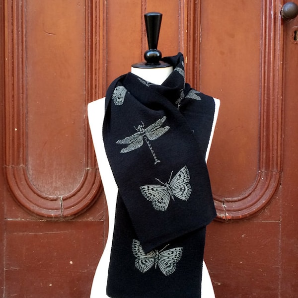 Black dragonfly and butterfly scarf - thick black knit scarf in merino wool, insect print