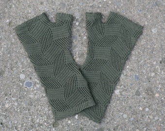 Merino wool fingerless gloves - Olive green diamond hole pattern knit fingerless armwarmers, fine textured gloves