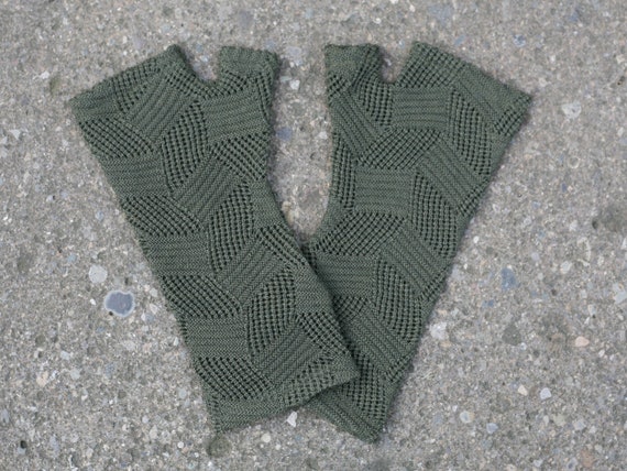 Merino wool fingerless gloves - Olive green diamond hole pattern knit fingerless armwarmers, fine textured gloves