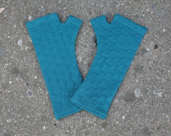 Teal blue merino wool, textured knit fingerless gloves, turquoise, blue green