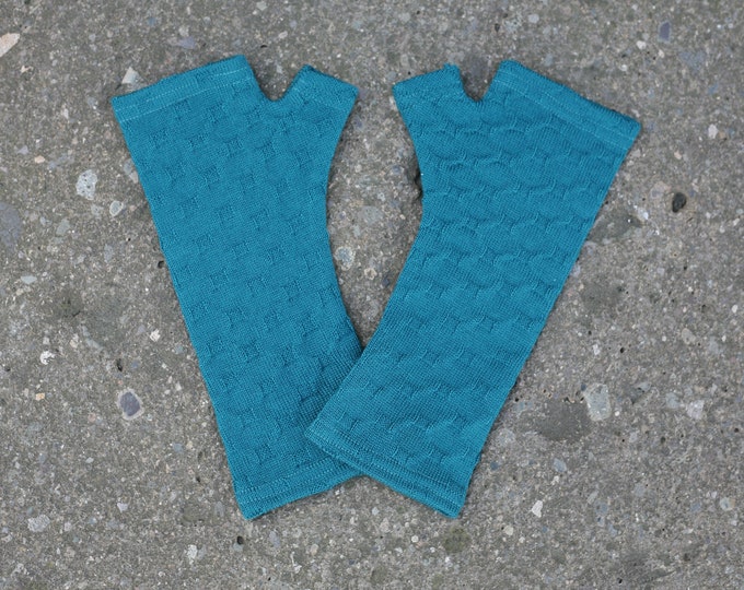 Teal blue textured merino fingerless gloves