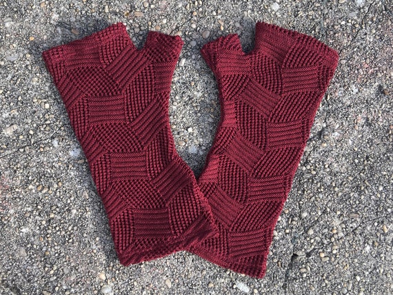 Merino wool fingerless gloves - burgundy diamond hole pattern knit fingerless armwarmers, fine textured gloves