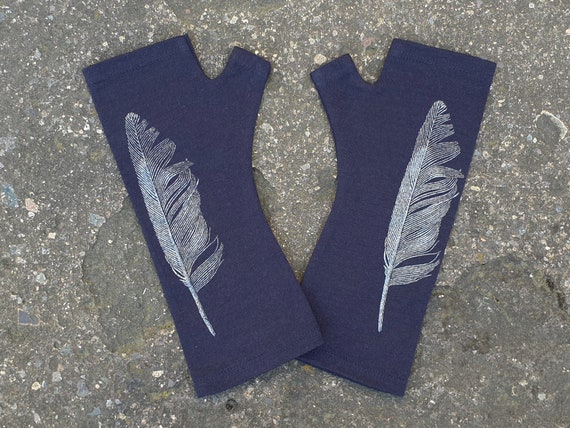 Navy blue feather merino fingerless gloves