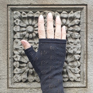 Dark grey merino wool holey knit textured fingerless gloves gray winter mittens charcoal image 1