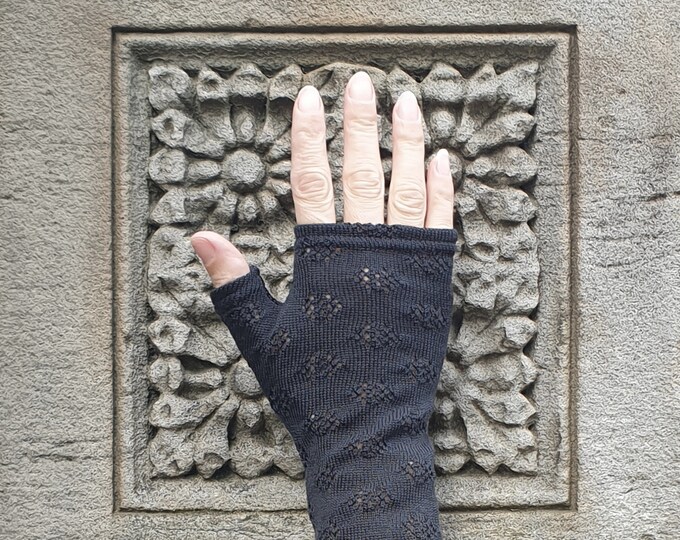 Dark grey merino wool holey knit textured fingerless gloves gray winter mittens charcoal